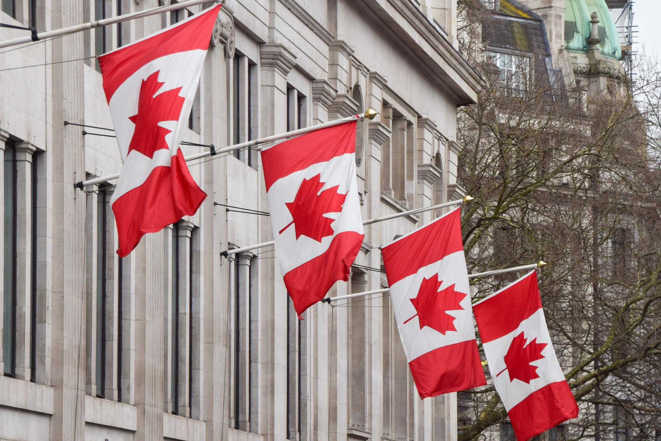 Flags at Canada House in Trafalgar Square, the High Commission of Canada.